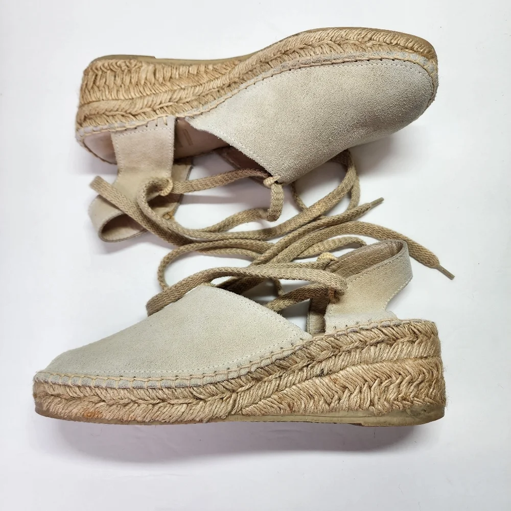 J. JILL Cream Suede Leather Espadrille Small Wedge Heel Shoe Lace Wrap 6